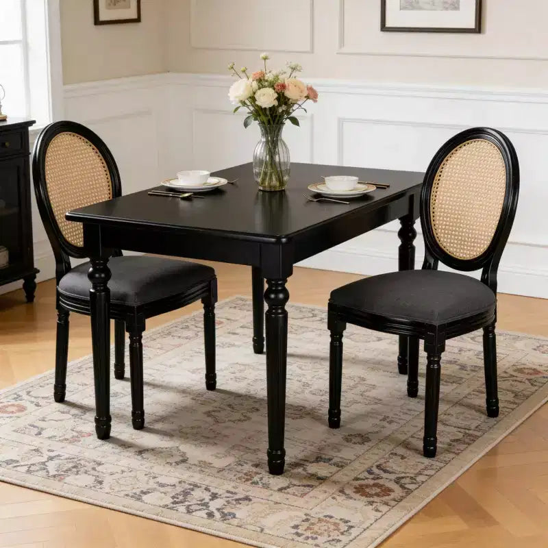 GDFStudio Bloor French Country Wood and Linen Upholstered Dining Chairs with Rattan Round Back, Set of 2