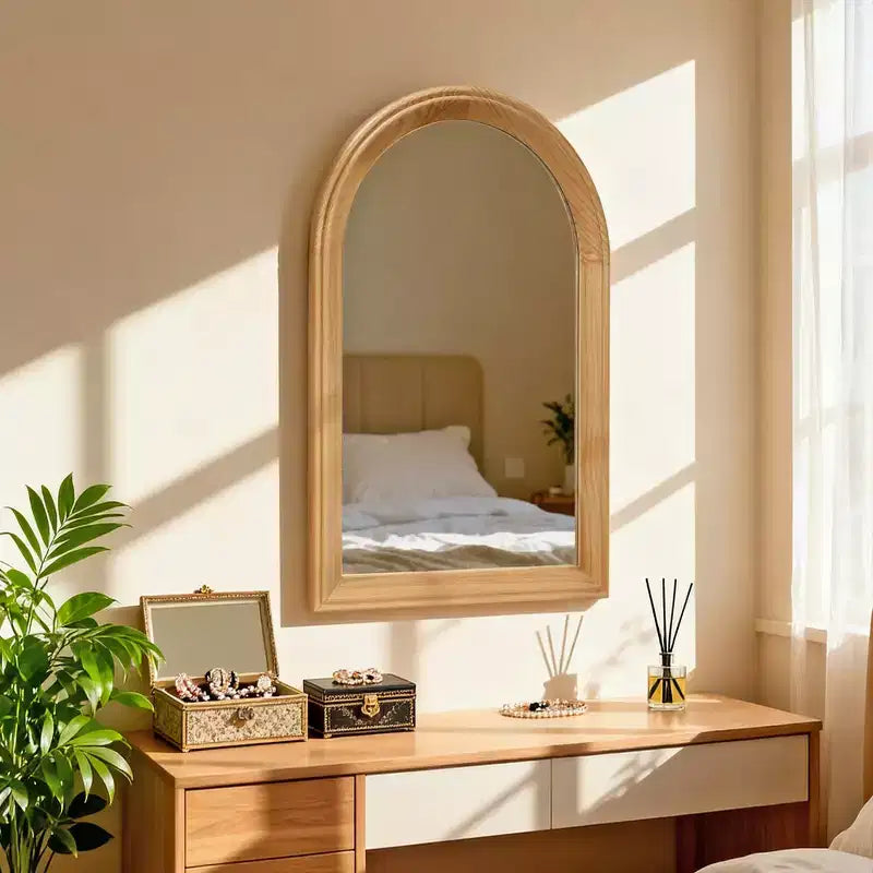 Whisen Arched Decorative Wall Mirror with Natural Oak Wood Frame, Modern Rustic Bathroom Vanity Mirror - Natural Wood