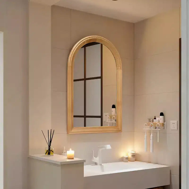 Whisen Arched Decorative Wall Mirror with Natural Oak Wood Frame, Modern Rustic Bathroom Vanity Mirror - Natural Wood