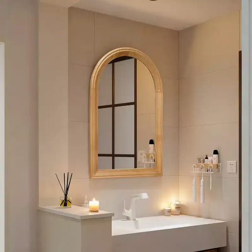 Whisen Arched Decorative Wall Mirror with Natural Oak Wood Frame, Modern Rustic Bathroom Vanity Mirror - Natural Wood