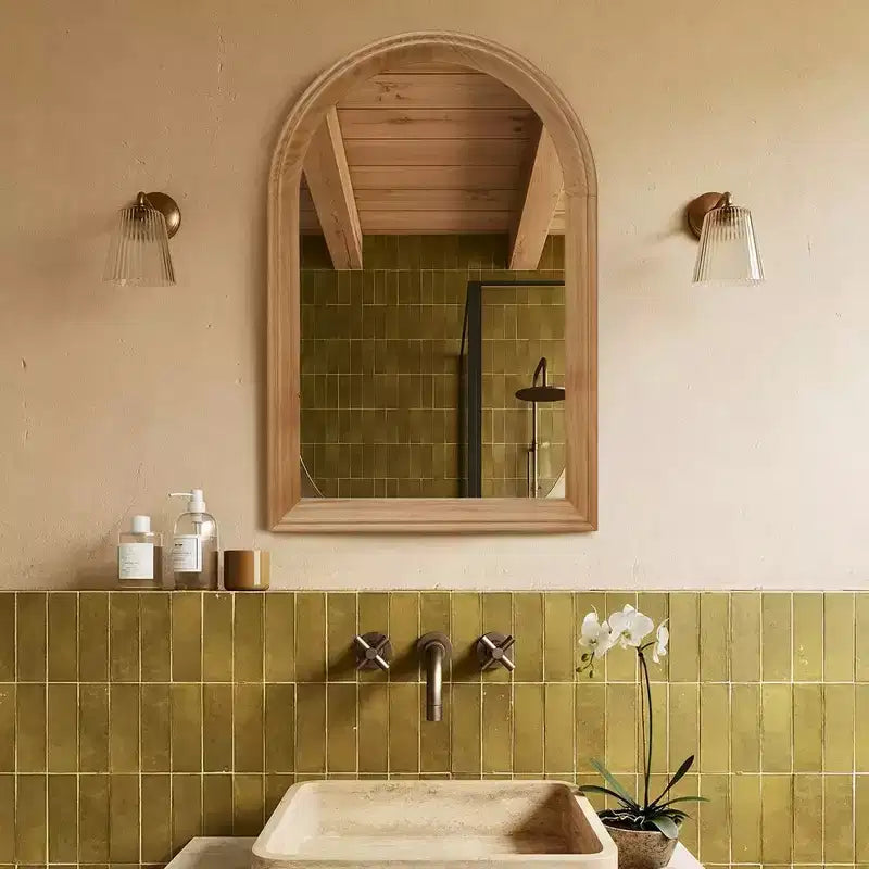 Whisen Arched Decorative Wall Mirror with Natural Oak Wood Frame, Modern Rustic Bathroom Vanity Mirror - Natural Wood