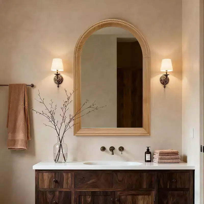 Whisen Arched Decorative Wall Mirror with Natural Oak Wood Frame, Modern Rustic Bathroom Vanity Mirror - Natural Wood