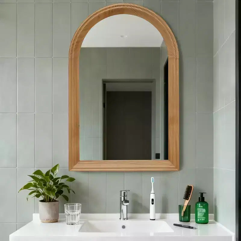 Whisen Arched Decorative Wall Mirror with Natural Oak Wood Frame, Modern Rustic Bathroom Vanity Mirror - Natural Wood