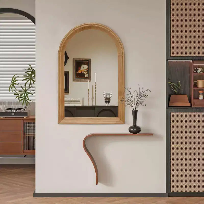 Whisen Arched Decorative Wall Mirror with Natural Oak Wood Frame, Modern Rustic Bathroom Vanity Mirror - Natural Wood