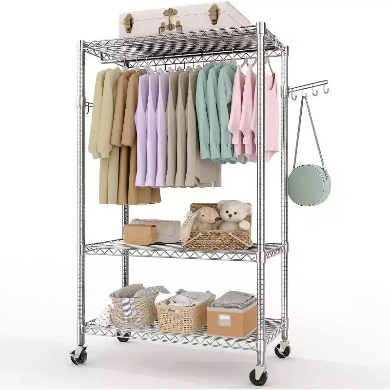 Heavy Duty 3-Tier Rolling Clothes Rack Adjustable Shelves, Dual Hanging Rods,Metal Freestanding Wardrobe Organizer with Side Hooks,Wheels
