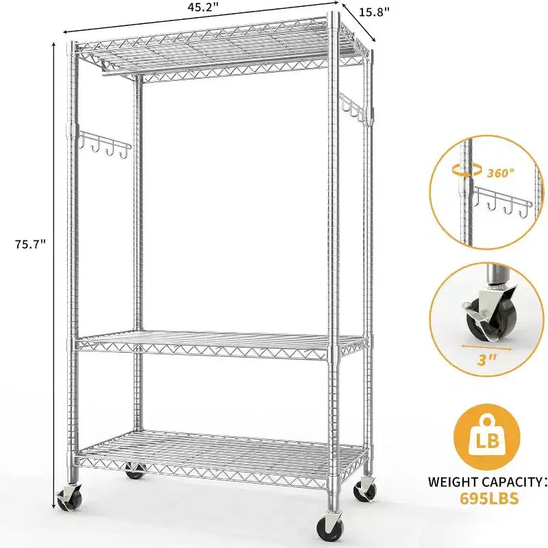 Heavy Duty 3-Tier Rolling Clothes Rack Adjustable Shelves, Dual Hanging Rods,Metal Freestanding Wardrobe Organizer with Side Hooks,Wheels