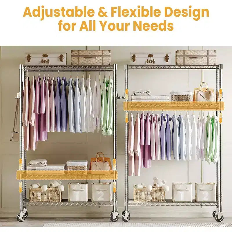 Heavy Duty 3-Tier Rolling Clothes Rack Adjustable Shelves, Dual Hanging Rods,Metal Freestanding Wardrobe Organizer with Side Hooks,Wheels