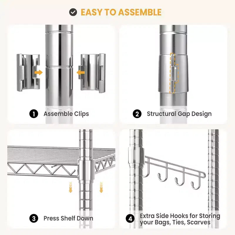 Heavy Duty 3-Tier Rolling Clothes Rack Adjustable Shelves, Dual Hanging Rods,Metal Freestanding Wardrobe Organizer with Side Hooks,Wheels