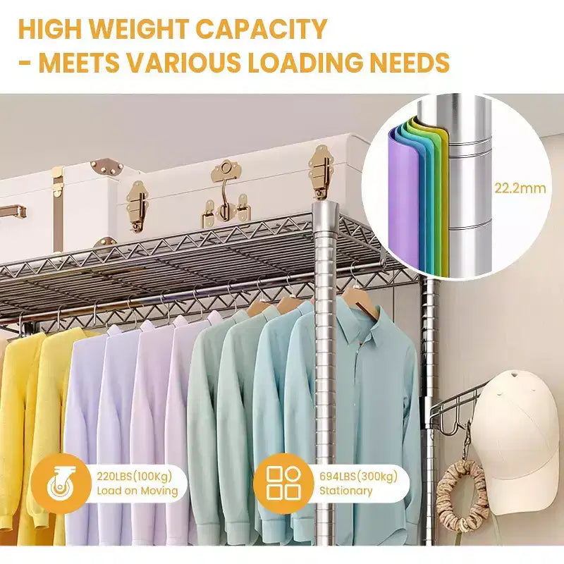 Heavy Duty 3-Tier Rolling Clothes Rack Adjustable Shelves, Dual Hanging Rods,Metal Freestanding Wardrobe Organizer with Side Hooks,Wheels