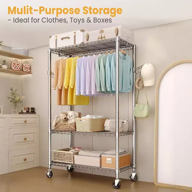 Heavy Duty 3-Tier Rolling Clothes Rack Adjustable Shelves, Dual Hanging Rods,Metal Freestanding Wardrobe Organizer with Side Hooks,Wheels