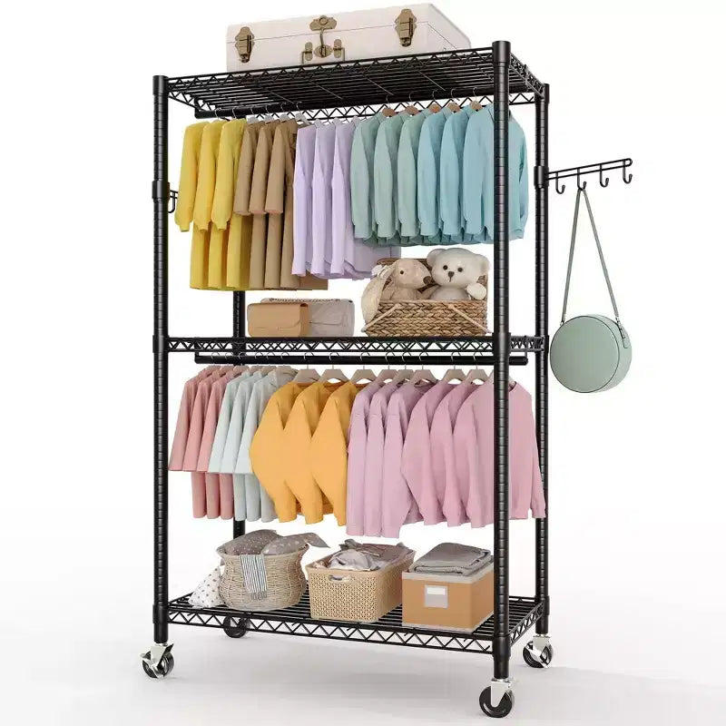 Heavy Duty 3-Tier Rolling Clothes Rack Adjustable Shelves, Dual Hanging Rods,Metal Freestanding Wardrobe Organizer with Side Hooks,Wheels