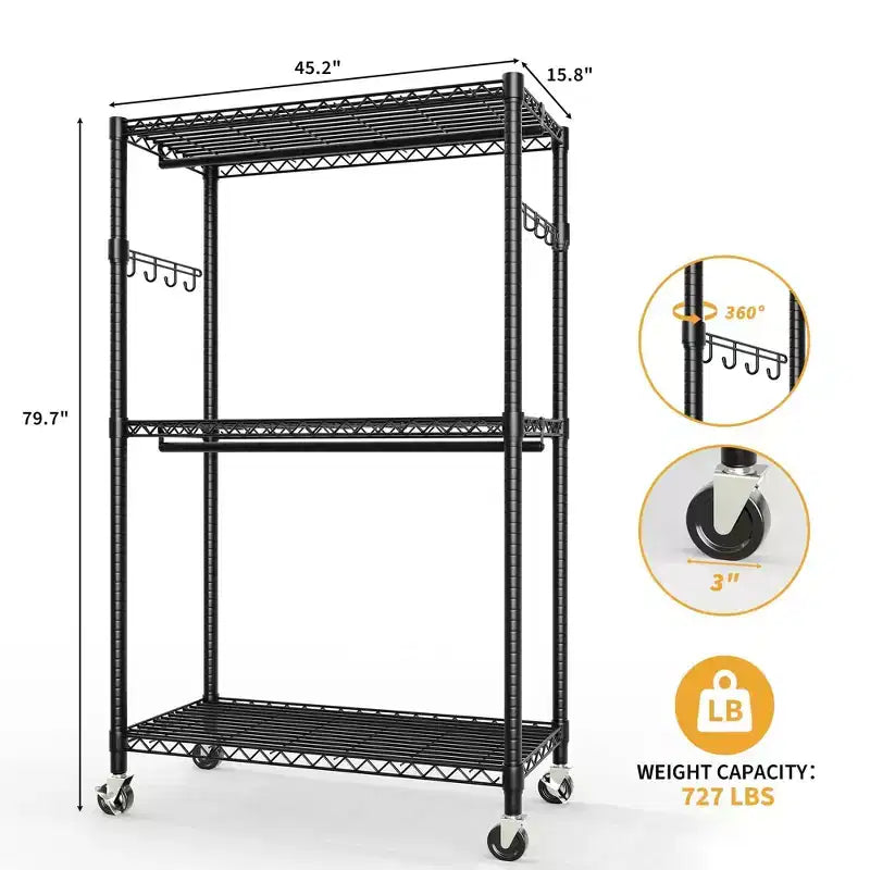 Heavy Duty 3-Tier Rolling Clothes Rack Adjustable Shelves, Dual Hanging Rods,Metal Freestanding Wardrobe Organizer with Side Hooks,Wheels