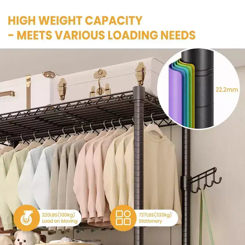 Heavy Duty 3-Tier Rolling Clothes Rack Adjustable Shelves, Dual Hanging Rods,Metal Freestanding Wardrobe Organizer with Side Hooks,Wheels