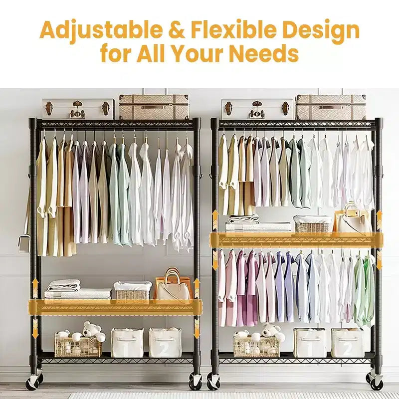 Heavy Duty 3-Tier Rolling Clothes Rack Adjustable Shelves, Dual Hanging Rods,Metal Freestanding Wardrobe Organizer with Side Hooks,Wheels