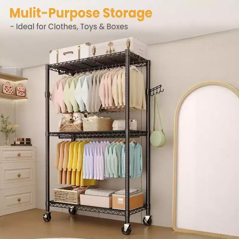 Heavy Duty 3-Tier Rolling Clothes Rack Adjustable Shelves, Dual Hanging Rods,Metal Freestanding Wardrobe Organizer with Side Hooks,Wheels