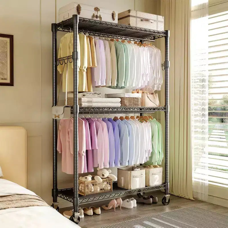 Heavy Duty 3-Tier Rolling Clothes Rack Adjustable Shelves, Dual Hanging Rods,Metal Freestanding Wardrobe Organizer with Side Hooks,Wheels