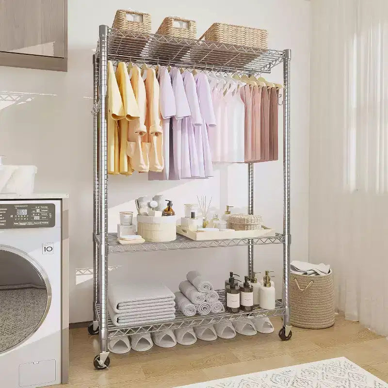 Heavy Duty 3-Tier Rolling Clothes Rack Adjustable Shelves, Dual Hanging Rods,Metal Freestanding Wardrobe Organizer with Side Hooks,Wheels